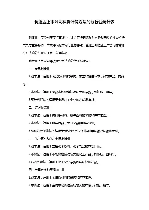 制造业上市公司存货计价方法的分行业统计表