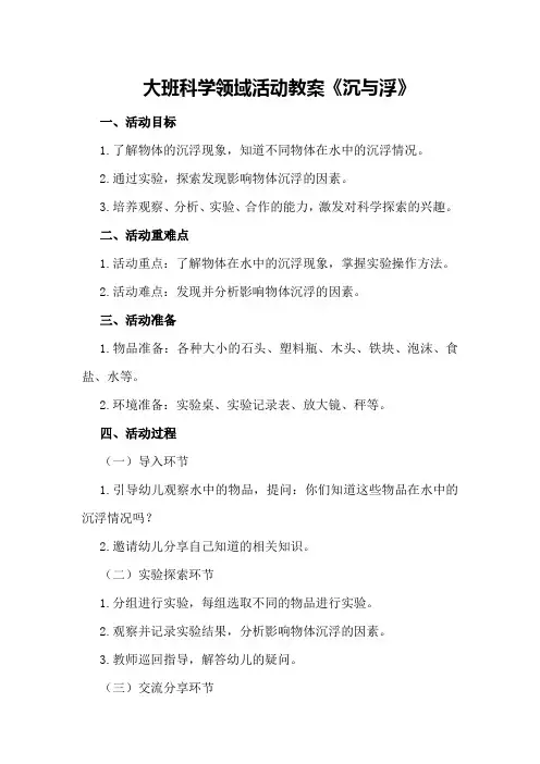 大班科学领域活动教案《沉与浮》