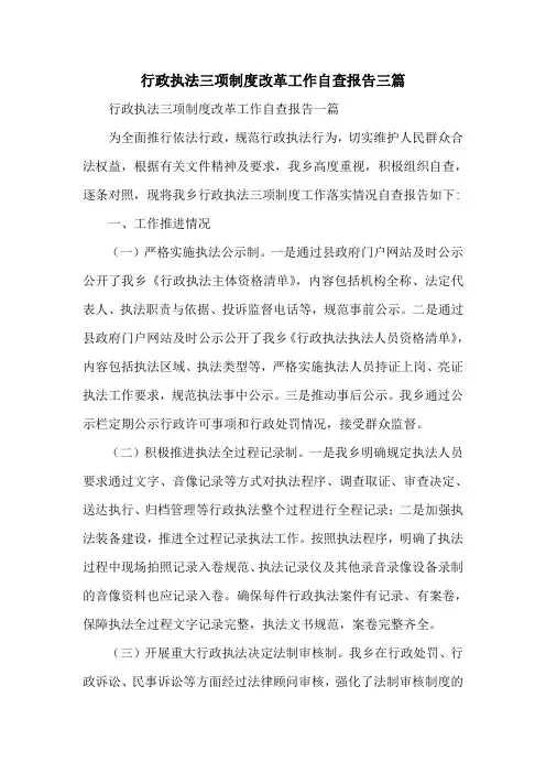 行政执法三项制度改革工作自查报告三篇