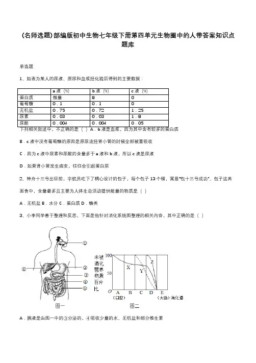 部编版初中生物七年级下册第四单元生物圈中的人带答案知识点题库