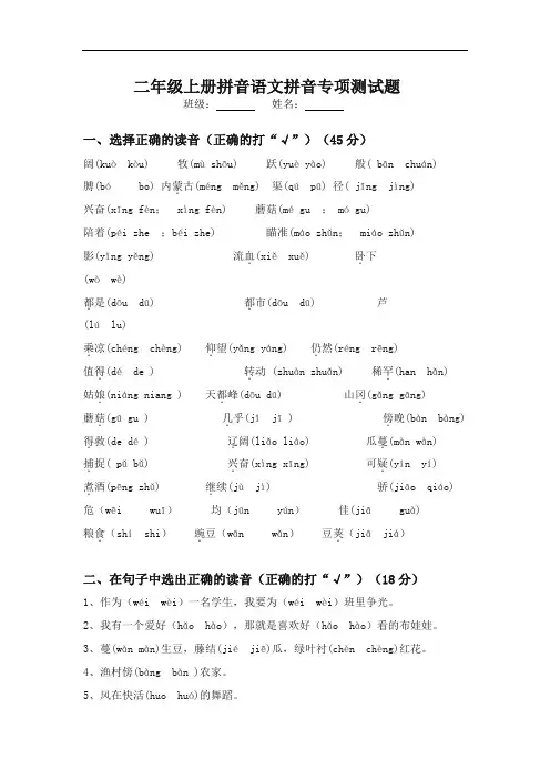 最新二年级上册拼音语文拼音专项测试题