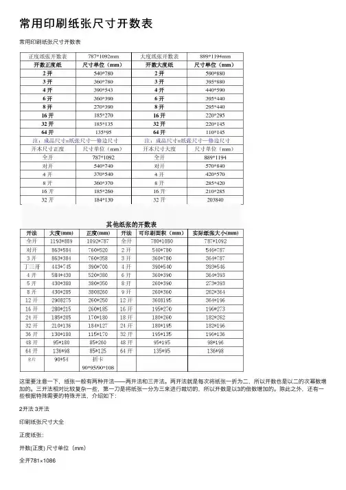 常用印刷纸张尺寸开数表