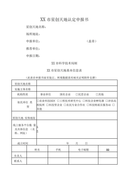 XX市星创天地认定申报书