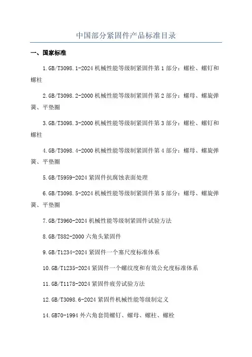 中国部分紧固件产品标准目录
