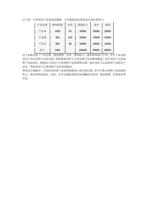 产品利润表模板