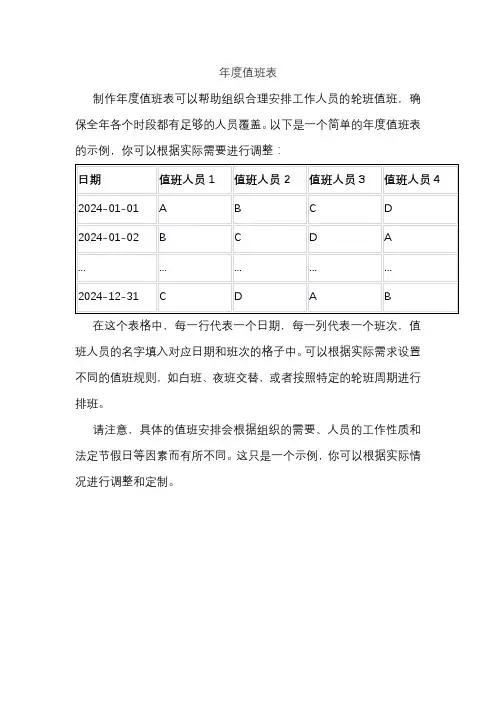 年度值班表