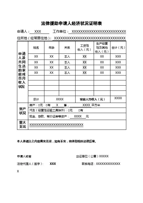 法律援助申请人经济状况证明表