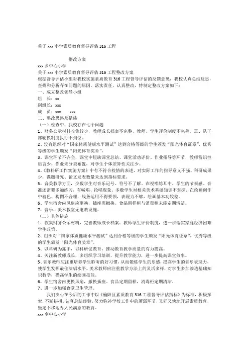 关于xxx小学素质教育督导评估316工程整改方案