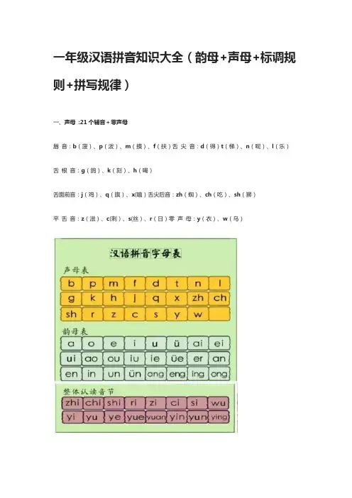 一年级汉语拼音知识大全(韵母+声母+标调规则+拼写规律)