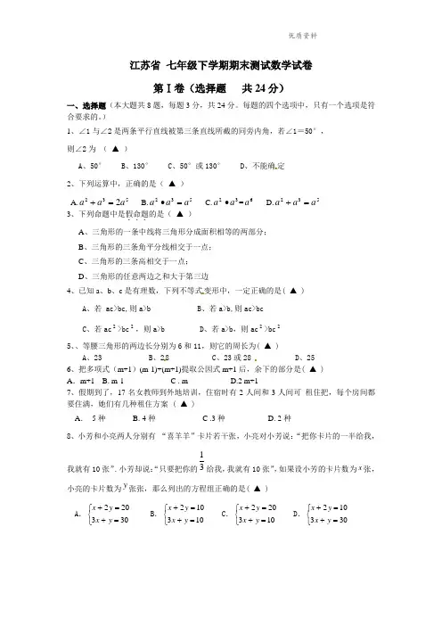 江苏省2021年七年级下学期期末测试数学试卷11.doc
