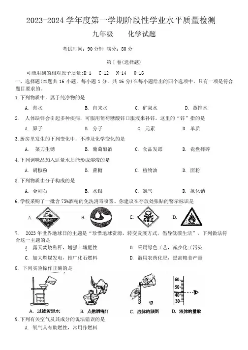山东省青岛市市南区2023-2024学年九年级上学期11月期中化学试题