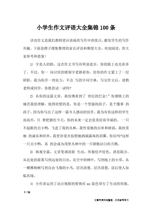小学生作文评语大全集锦100条_学生评语