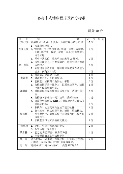 客房中式做床程序及评分标准