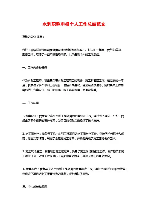 水利职称申报个人工作总结范文