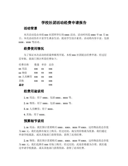 学校社团活动经费申请报告