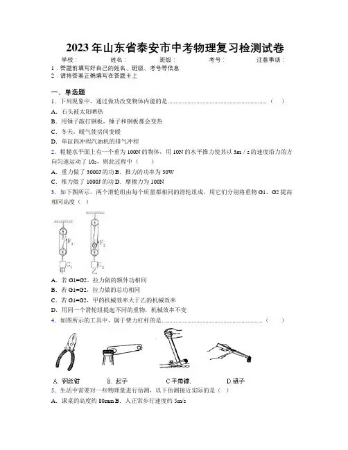 2023年山东省泰安市中考物理复习检测试卷及解析