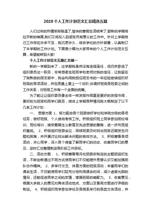 2020个人工作计划范文汇总精选五篇