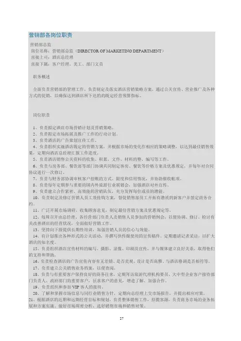 营销部各岗位职责说明书