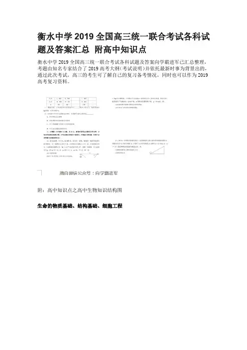 衡水中学2019全国高三统一联合考试各科试题及答案汇总 附高中知识点
