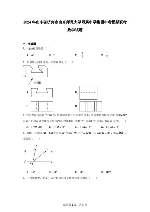 2024年山东省济南市山东师范大学附属中学集团中考模拟联考数学试题
