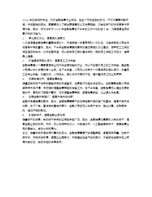 2023金融销售下半年工作计划5篇