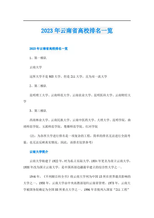 2023年云南省高校排名一览