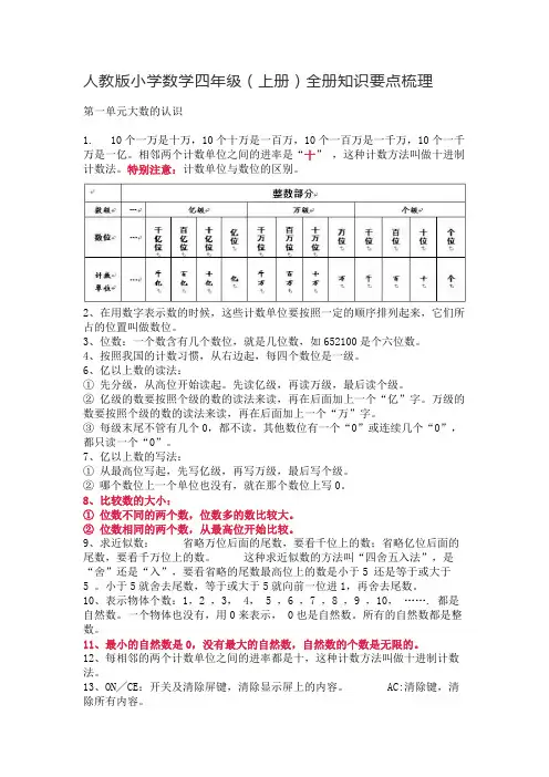 人教版小学数学四年级(上册)全册知识要点梳理