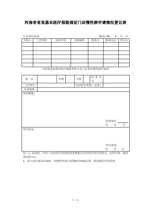 河南省省直基本医疗保险规定门诊慢性病申请情况登记表参考模板