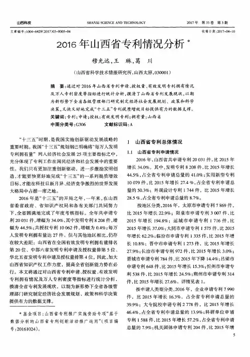 2016年山西省专利情况分析