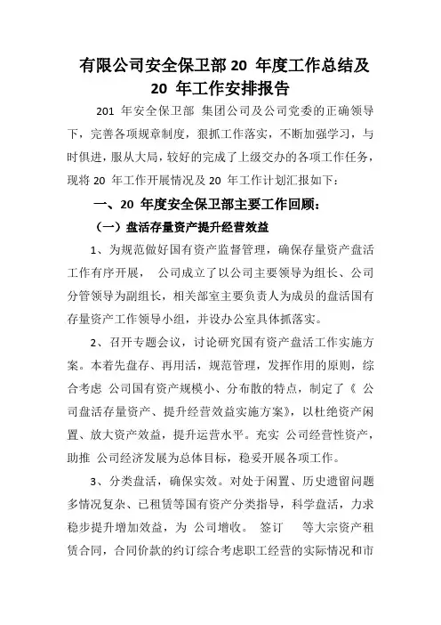 安全保卫部20 年工作总结及20 年工作计划