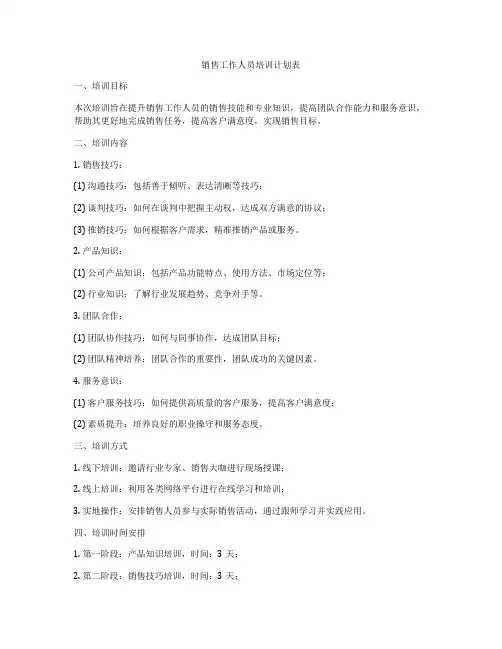 销售工作人员培训计划表