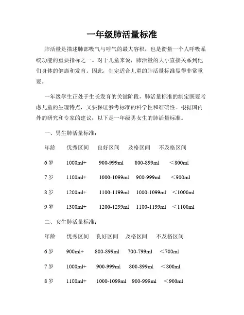 一年级肺活量标准