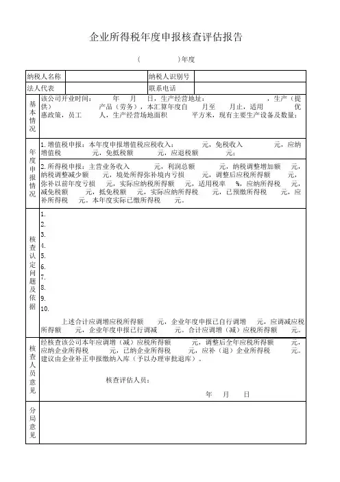 企业所得税年度申报核查评估报告