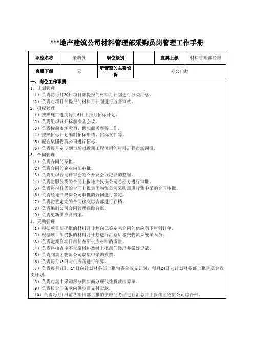 建筑公司材料管理部采购员岗管理工作手册