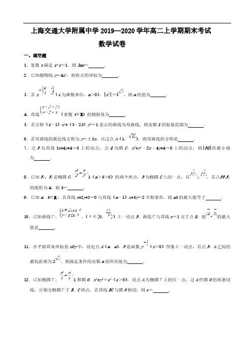 上海交通大学附属中学2019—2020学年高二上学期期末考试数学卷(解析版)