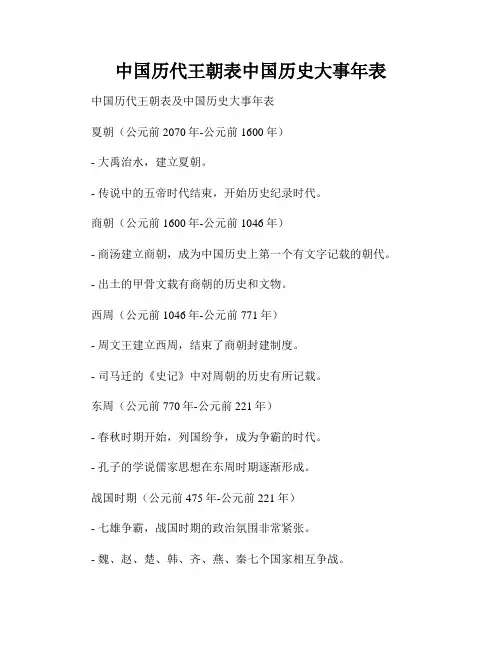 中国历代王朝表中国历史大事年表