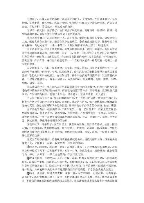 站在麦田中央的母亲(2023年青海中考语文试卷记叙文阅读题及答案)