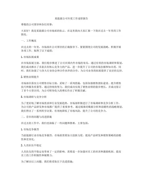 某能源公司年度工作述职报告