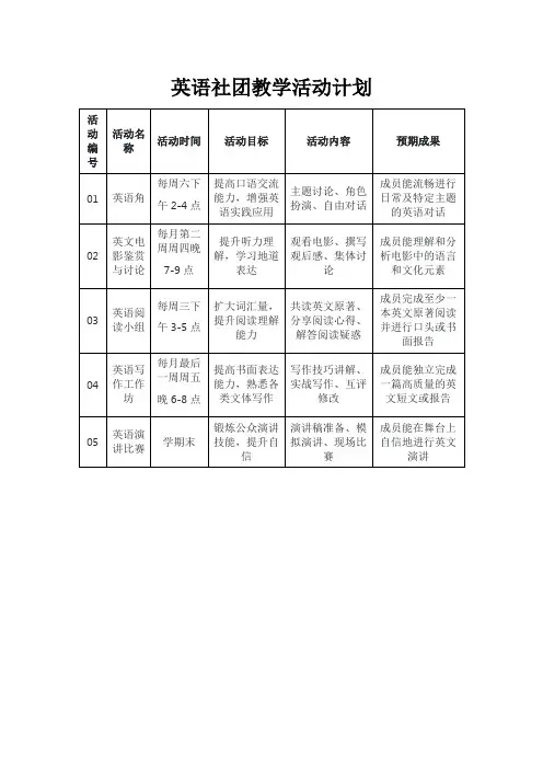 英语社团教学活动计划