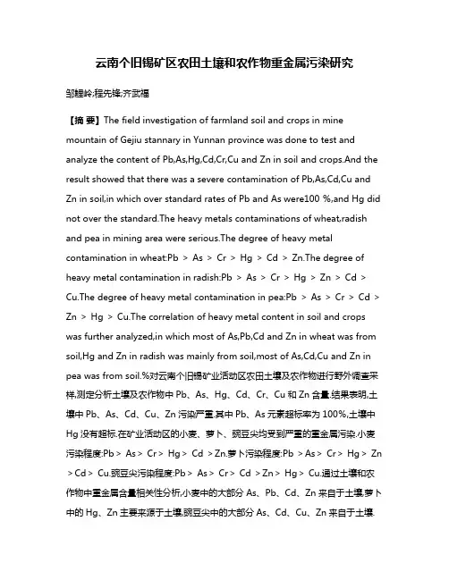 云南个旧锡矿区农田土壤和农作物重金属污染研究