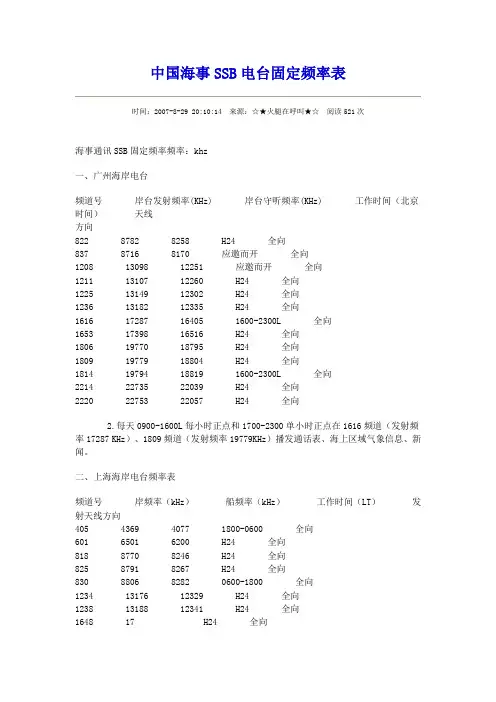 中国海事SSB电台固定频率表