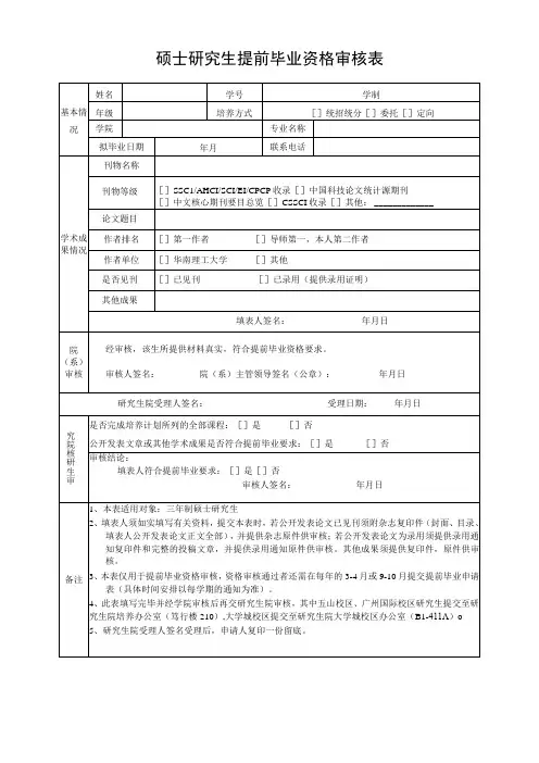 硕士研究生提前毕业资格审核表