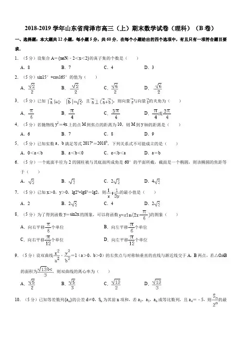 山东省菏泽市2019届高三上学期期末考试数学(理)试题(B)(解析版)