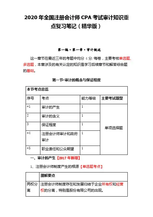 2020年全国注册会计师CPA考试审计知识重点复习笔记(精华版)