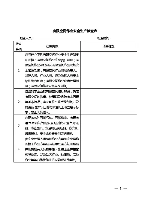 有限空间作业安全检查表