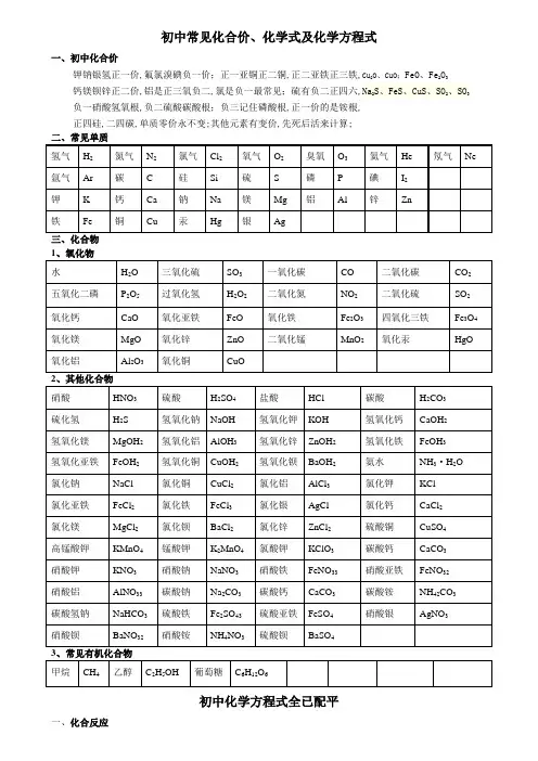 初中常见化合价化学式及化学方程式