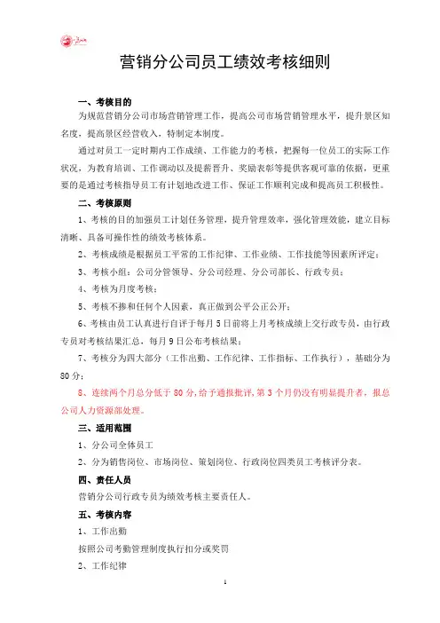 景区营销分公司员工考核细则及考核评分表