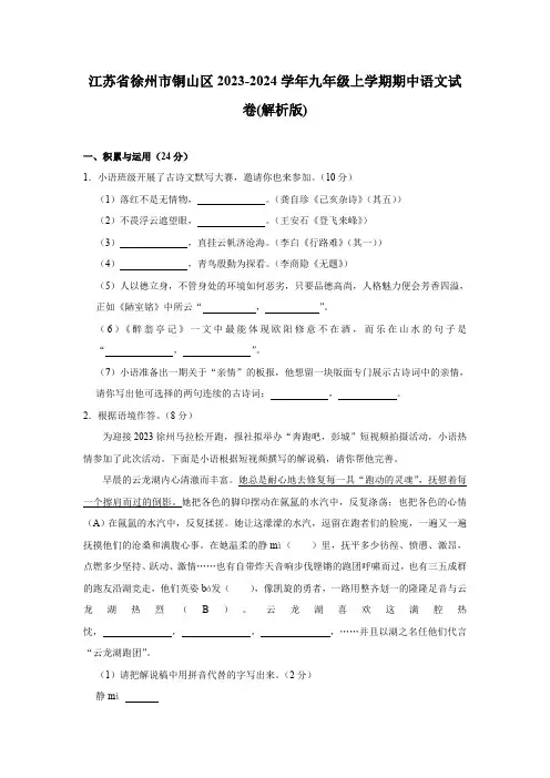 江苏省徐州市铜山区2023-2024学年九年级上学期期中语文试卷(含解析)