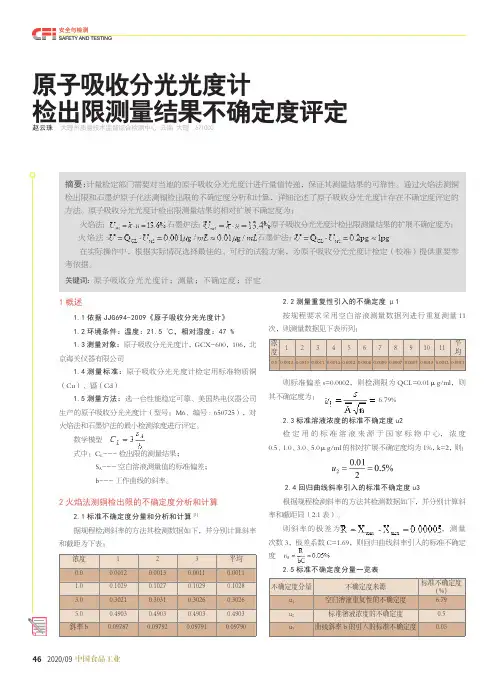 原子吸收分光光度计 检出限测量结果不确定度评定