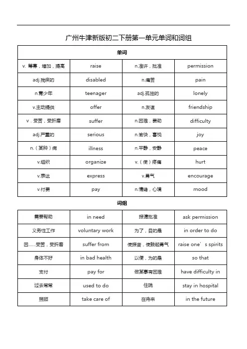 广州牛津新版初二下册单词和词组